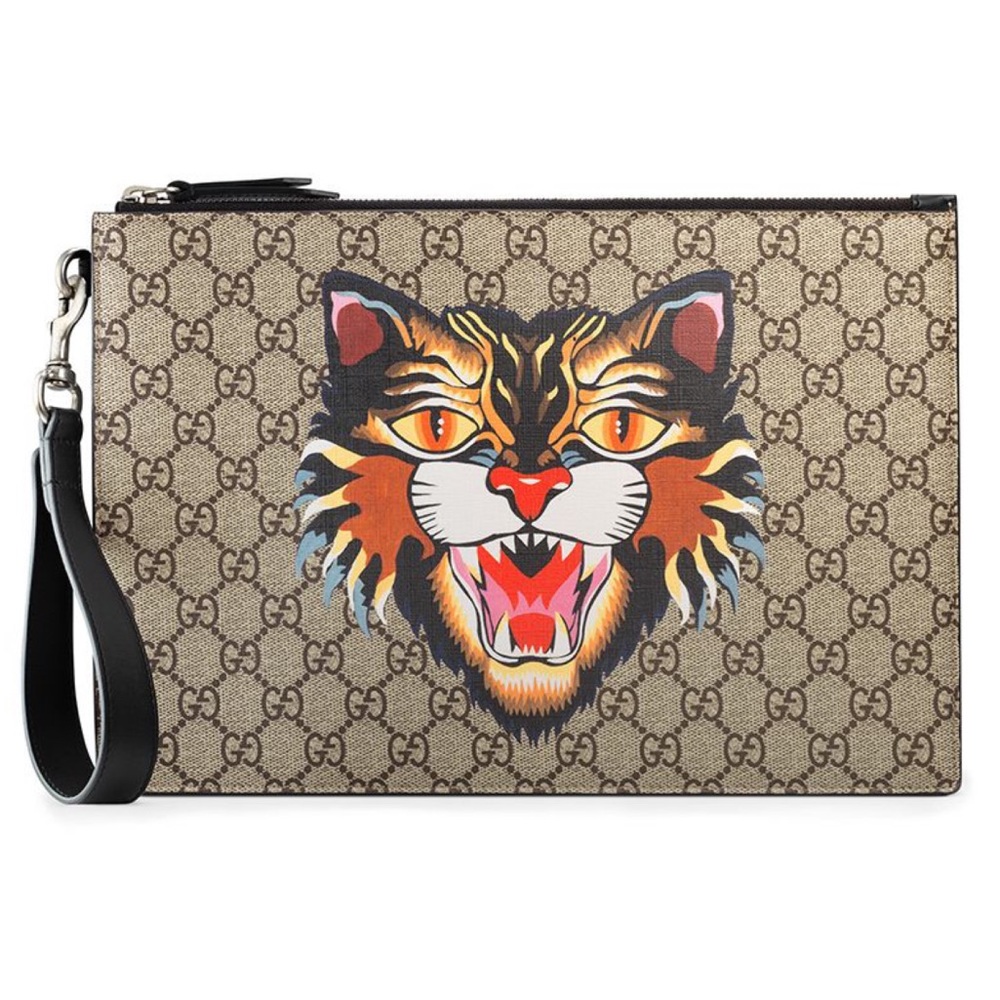 Gucci Mens GG Supreme Bestiary Pouch Clutch Bag